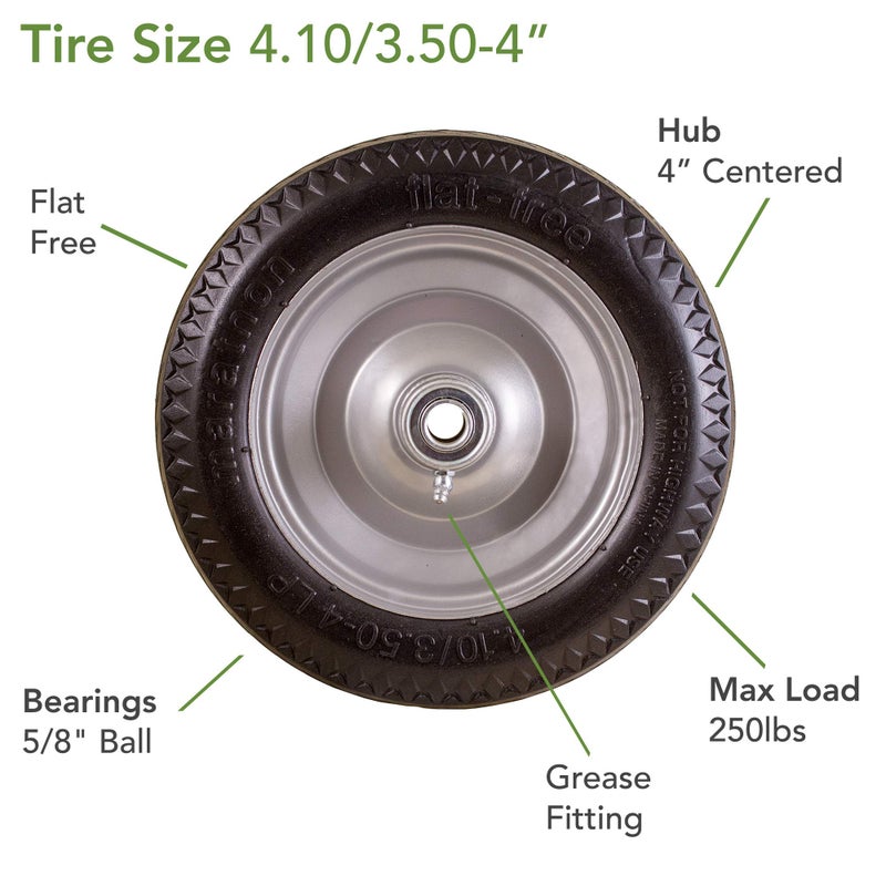 Marathon 4.10/3.50-4" Flat Free, All Purpose Utility Tire on Wheel, 4" Centered Hub, 5/8" Bearings - Image 3